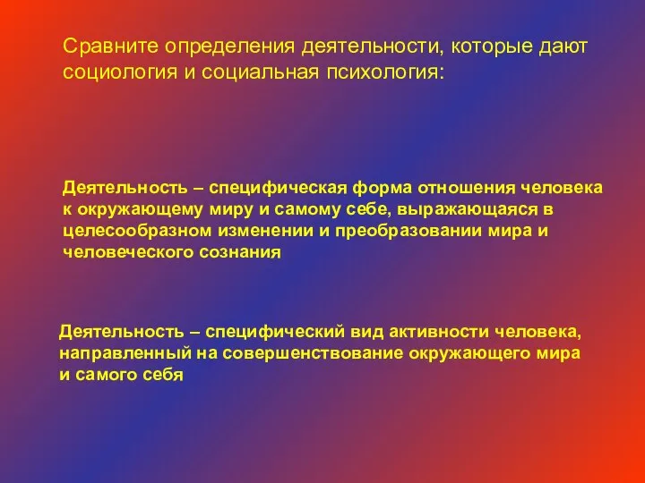 Сравните определения деятельности, которые дают социология и социальная психология: Деятельность –