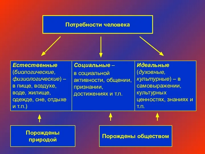 Потребности человека Порождены природой Порождены обществом