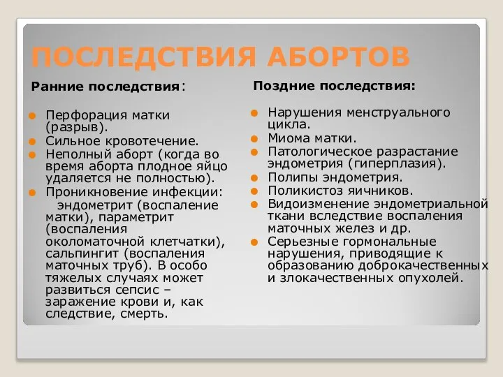 ПОСЛЕДСТВИЯ АБОРТОВ Ранние последствия: Перфорация матки (разрыв). Сильное кровотечение. Неполный аборт