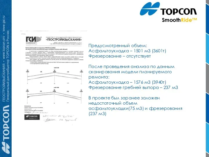 Предусмотренный объем: Асфальтоукладка – 1501 м3 (3601т) Фрезерование – отсутствует После