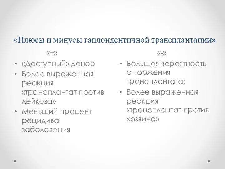 «Плюсы и минусы гаплоидентичной трансплантации» «-» Большая вероятность отторжения трансплантата; Более