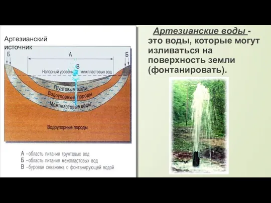 Артезианские воды - это воды, которые могут изливаться на поверхность земли (фонтанировать).