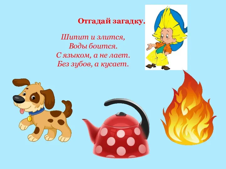 Отгадай загадку. Шипит и злится, Воды боится. С языком, а не лает. Без зубов, а кусает.