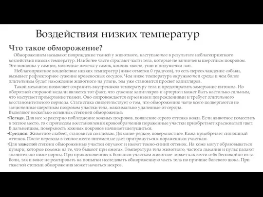 Воздействия низких температур Что такое обморожение? Обморожением называют повреждение тканей у