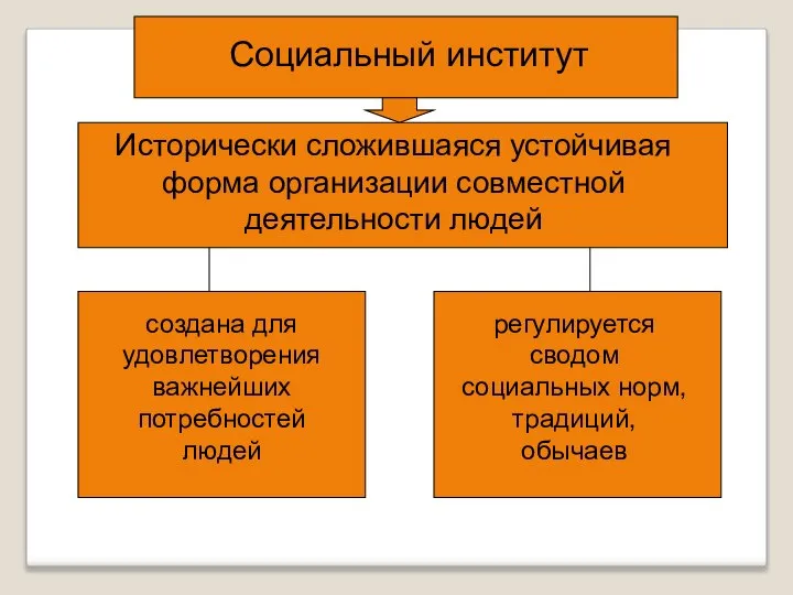 Социальный институт Исторически сложившаяся устойчивая форма организации совместной деятельности людей создана