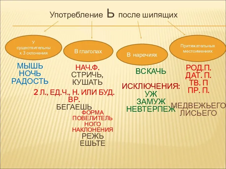 Употребление Ь после шипящих У существительных 3 склонения В глаголах В