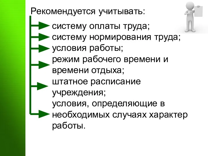 Рекомендуется учитывать: систему оплаты труда; систему нормирования труда; условия работы; режим