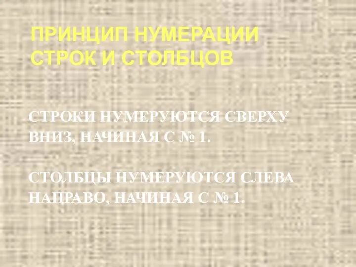 ПРИНЦИП НУМЕРАЦИИ СТРОК И СТОЛБЦОВ СТРОКИ НУМЕРУЮТСЯ СВЕРХУ ВНИЗ, НАЧИНАЯ С