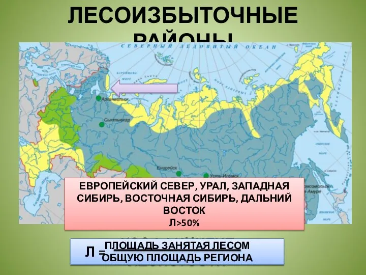 ЛЕСОИЗБЫТОЧНЫЕ РАЙОНЫ ЕВРОПЕЙСКИЙ СЕВЕР, УРАЛ, ЗАПАДНАЯ СИБИРЬ, ВОСТОЧНАЯ СИБИРЬ, ДАЛЬНИЙ ВОСТОК Л>50% КОЭФФИЦИЕНТ ЛЕСИСТОСТИ