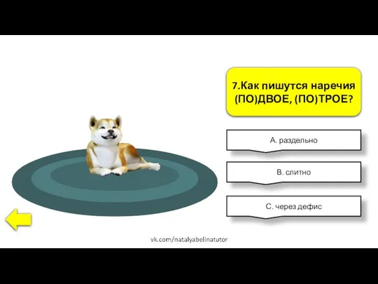 7.Как пишутся наречия (ПО)ДВОЕ, (ПО)ТРОЕ? А. раздельно В. слитно С. через дефис