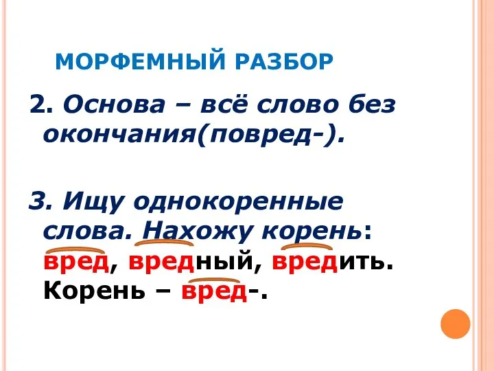 МОРФЕМНЫЙ РАЗБОР 2. Основа – всё слово без окончания(повред-). 3. Ищу