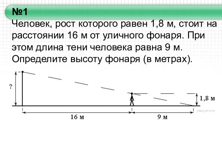 №1 Человек, рост которого равен 1,8 м, стоит на расстоянии 16