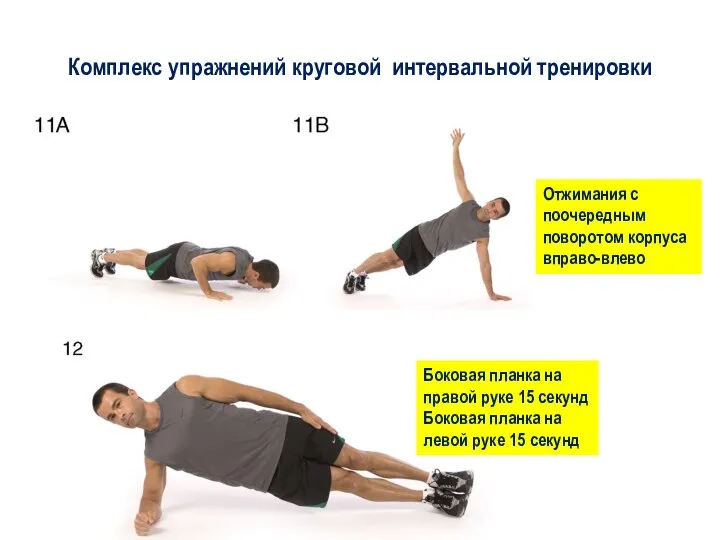 Комплекс упражнений круговой интервальной тренировки Отжимания с поочередным поворотом корпуса вправо-влево