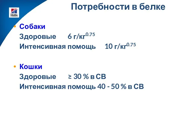 Потребности в белке Собаки Здоровые 6 г/кг0.75 Интенсивная помощь 10 г/кг0.75