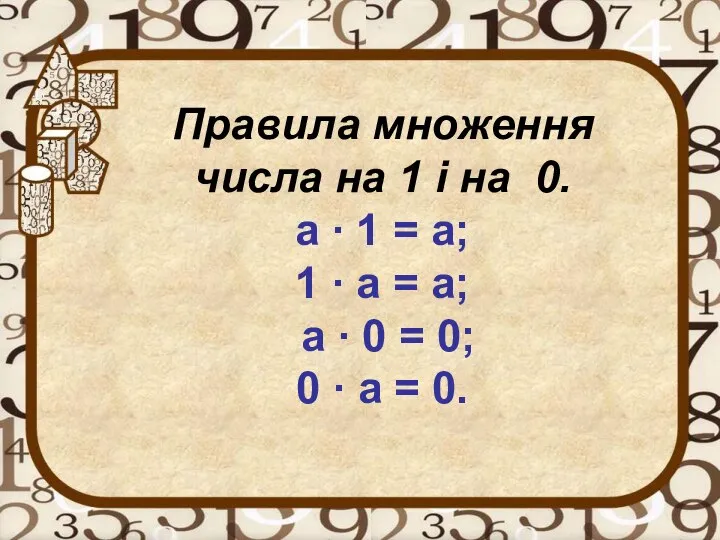 Правила множення числа на 1 і на 0. а ∙ 1