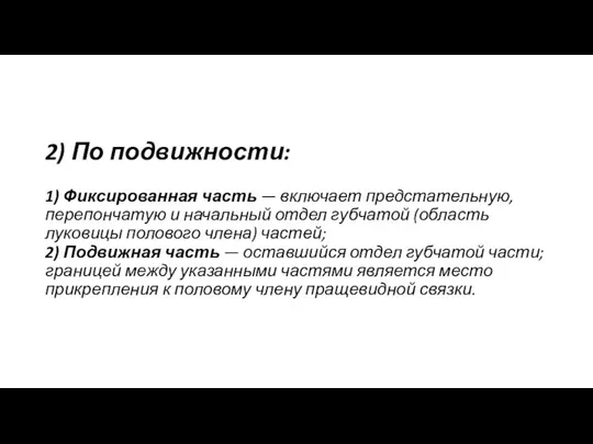 2) По подвижности: 1) Фиксированная часть — включает предстательную, перепончатую и