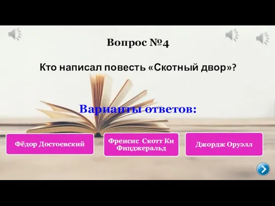 Вопрос №4 Кто написал повесть «Скотный двор»? Варианты ответов: