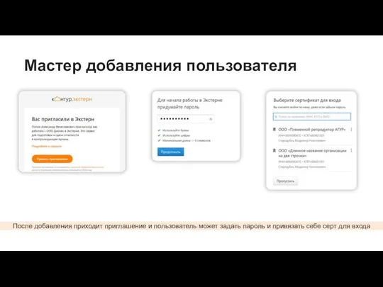 Мастер добавления пользователя После добавления приходит приглашение и пользователь может задать