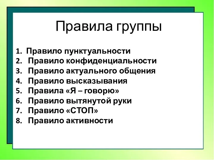 Правило пунктуальности Правило конфиденциальности Правило актуального общения Правило высказывания Правила «Я