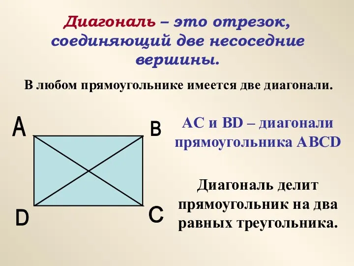 Диагональ – это отрезок, соединяющий две несоседние вершины. В любом прямоугольнике