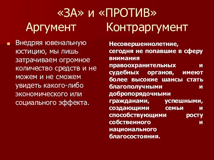 «ЗА» и «ПРОТИВ» Аргумент Контраргумент Внедряя ювенальную юстицию, мы лишь затрачиваем