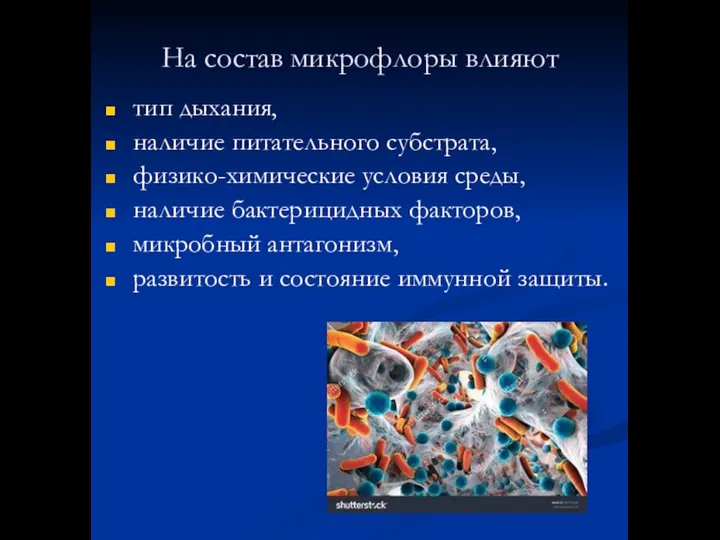 На состав микрофлоры влияют тип дыхания, наличие питательного субстрата, физико-химические условия