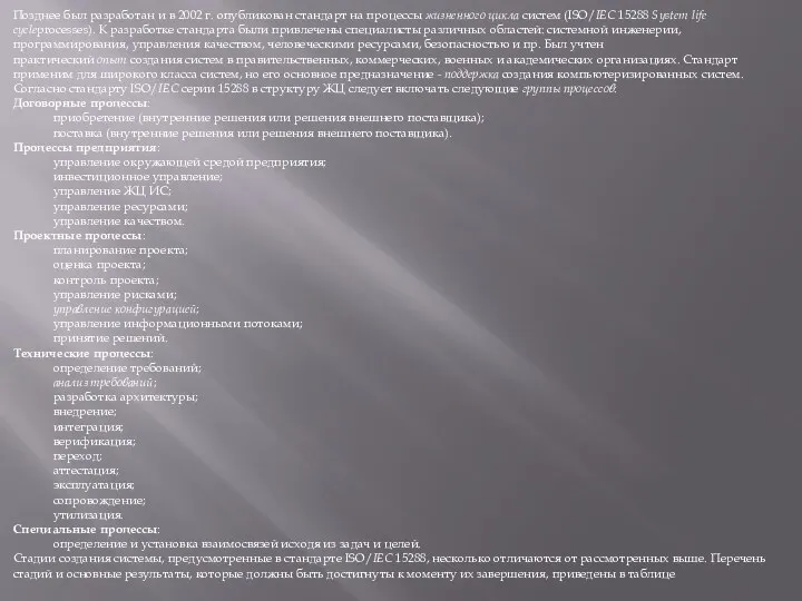 Позднее был разработан и в 2002 г. опубликован стандарт на процессы