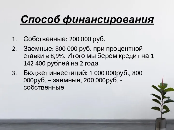 Способ финансирования Собственные: 200 000 руб. Заемные: 800 000 руб. при