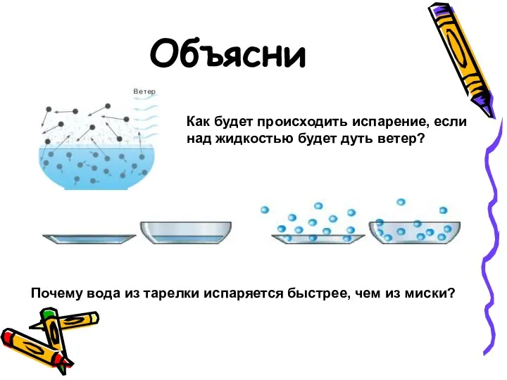 Объясни Как будет происходить испарение, если над жидкостью будет дуть ветер?