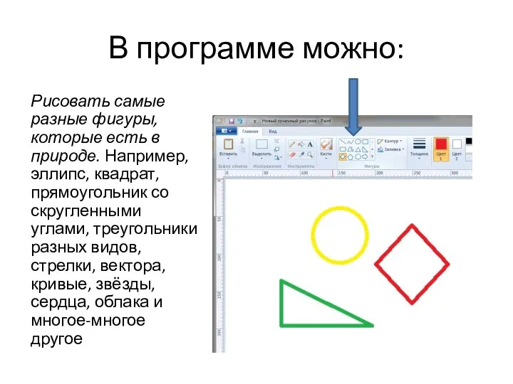 В программе можно: Рисовать самые разные фигуры, которые есть в природе.