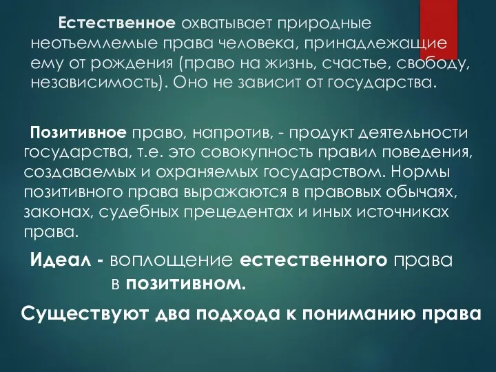 Естественное охватывает природные неотъемлемые права человека, принадлежащие ему от рождения (право