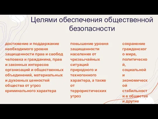 Целями обеспечения общественной безопасности достижение и поддержание необходимого уровня защищенности прав