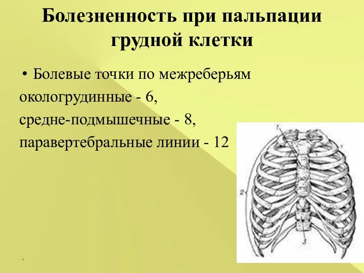 Болевые точки по межреберьям окологрудинные - 6, средне-подмышечные - 8, паравертебральные