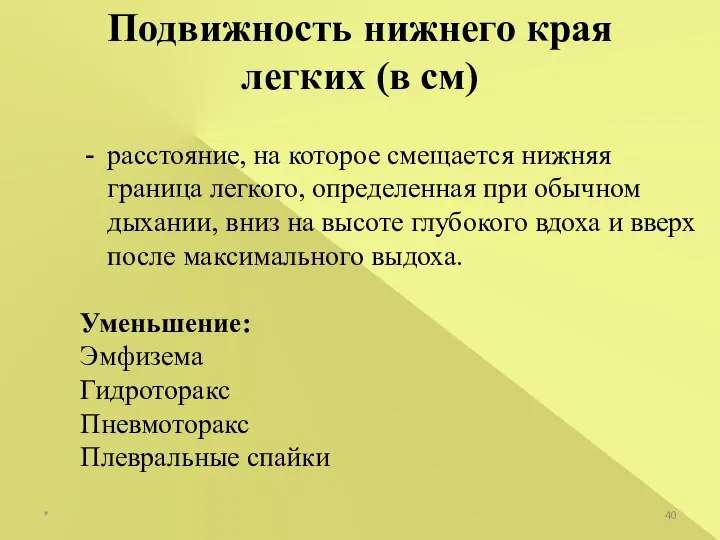 Подвижность нижнего края легких (в см) расстояние, на которое смещается нижняя