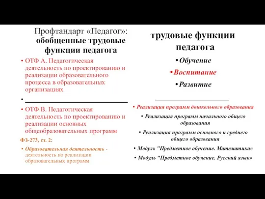 Профтандарт «Педагог»: обобщенные трудовые функции педагога ОТФ А. Педагогическая деятельность по