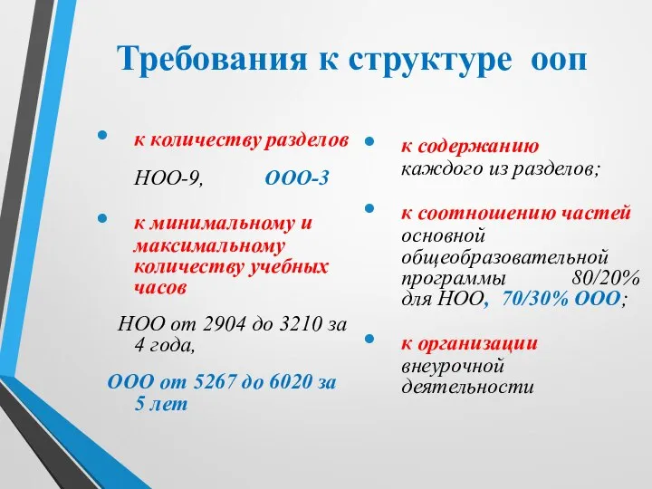 Требования к структуре ооп к количеству разделов НОО-9, ООО-3 к минимальному