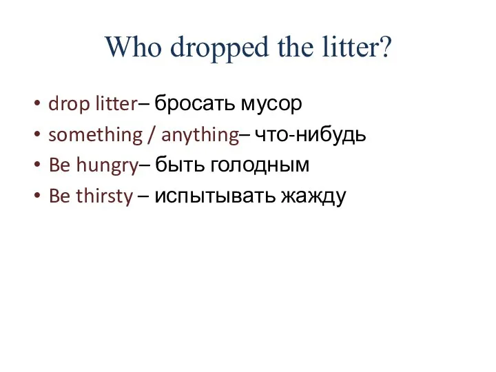 Who dropped the litter? drop litter– бросать мусор something / anything–