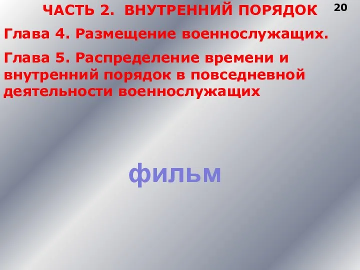 20 ЧАСТЬ 2. ВНУТРЕННИЙ ПОРЯДОК Глава 4. Размещение военнослужащих. Глава 5.