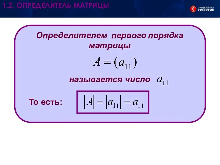 Определителем первого порядка матрицы называется число То есть: 1.2. ОПРЕДЕЛИТЕЛЬ МАТРИЦЫ