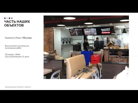 ЧАСТЬ НАШИХ ОБЪЕКТОВ Domino’s Pizza г.Москва Выполнение строительно-монтажных работ Площадь: 140м2
