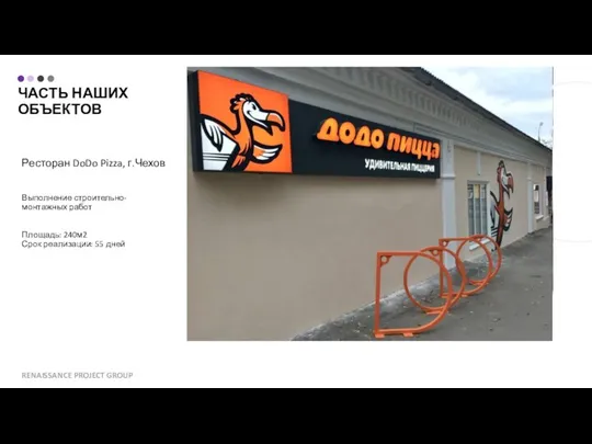 ЧАСТЬ НАШИХ ОБЪЕКТОВ Ресторан DoDo Pizza, г.Чехов Выполнение строительно-монтажных работ Площадь: