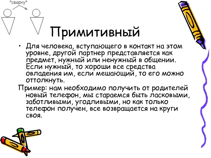 Примитивный Для человека, вступающего в контакт на этом уровне, другой партнер