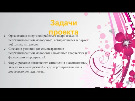 Организация досуговой работы с подростками и неорганизованной молодёжью, собирающейся в парке