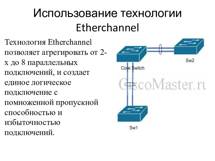 Использование технологии Etherchannel Технология Etherchannel позволяет агрегировать от 2-х до 8