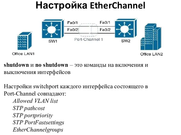 Настройка EtherChannel shutdown и no shutdown – это команды на включения