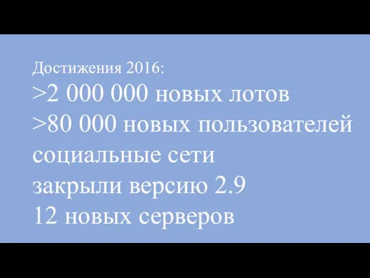 Достижения 2016: Цифры 2016: >2 000 000 новых лотов >80 000