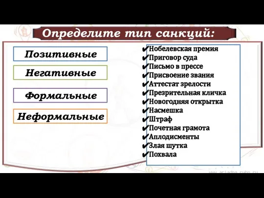 Определите тип санкций: Позитивные Негативные Формальные Неформальные Нобелевская премия Приговор суда