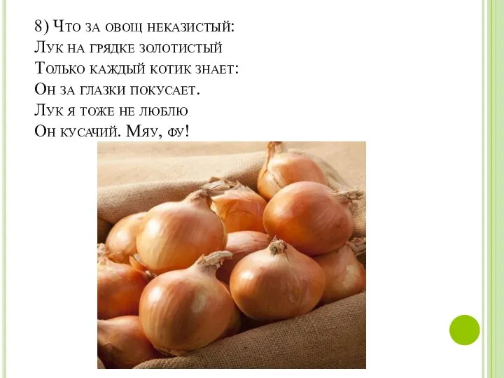 8) Что за овощ неказистый: Лук на грядке золотистый Только каждый