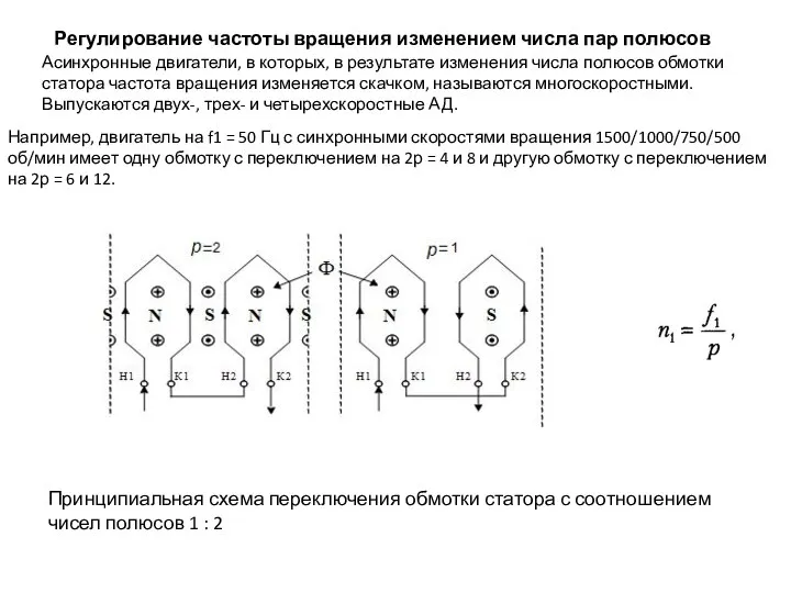 Регулирование частоты вращения изменением числа пар полюсов Принципиальная схема переключения обмотки