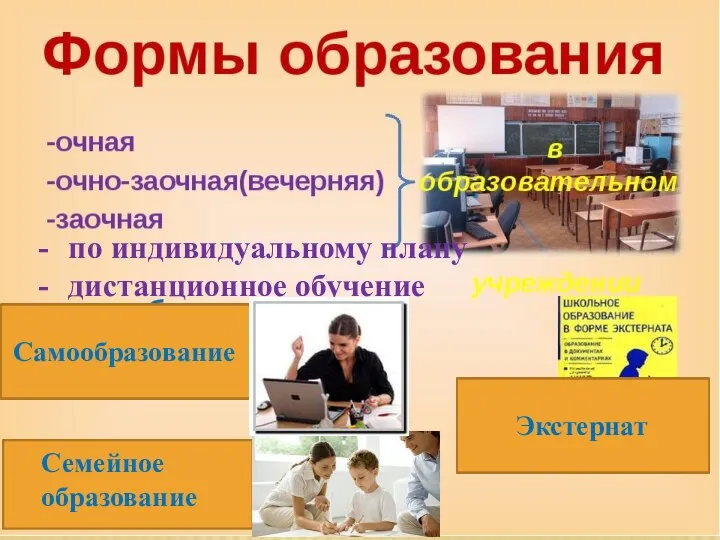 по индивидуальному плану дистанционное обучение Семейное образование Самообразование Экстернат